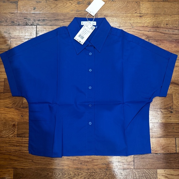 Mango Crop Cotton Poplin Button-up Shirt In Blue - Picture 1 of 4